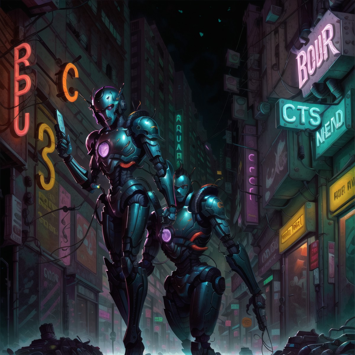 bromart, A robot in a city street, cyberpunk, closeup, realistic, high resolution, masterpiece, bokeh, neon lighting, nigh...